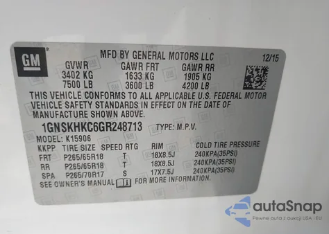 2016 Chevrolet Suburban Lt z USA, uszkodzony, nr VIN 1GNSKHKC6GR248713